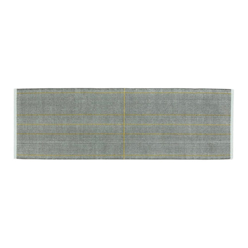 Gray textile runner with subtle yellow and green striped accents, adding a modern touch to your decor.