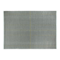 Gray area rug with subtle yellow grid pattern and light blue edges. Elegant and modern design for any space.