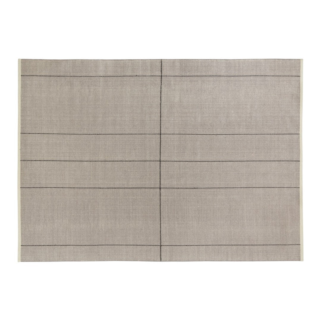Beige woven rug featuring subtle black grid lines for a modern, minimalist look. Perfect for any decor style.
