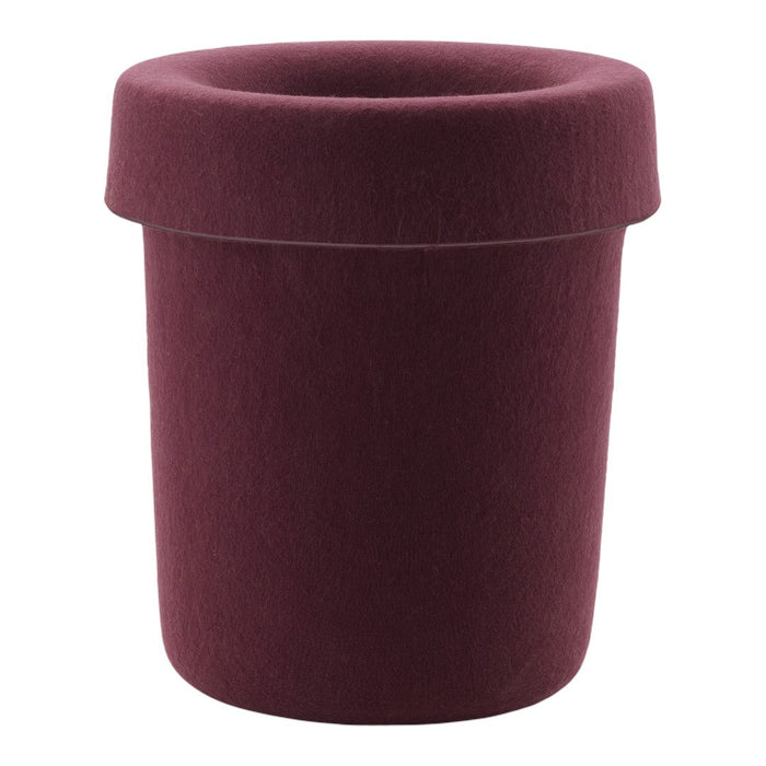 Deep burgundy felt storage pot with a smooth, rounded top and rich texture, perfect for home decor.