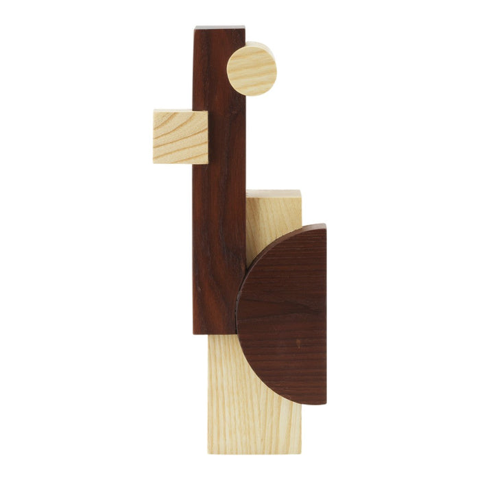 Abstract wooden sculpture with natural light and dark wood tones, featuring geometric shapes and smooth finishes.