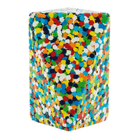 Colorful hexagon-shaped decor with a vibrant pattern of multicolored dots in hues of blue, green, red, and yellow.