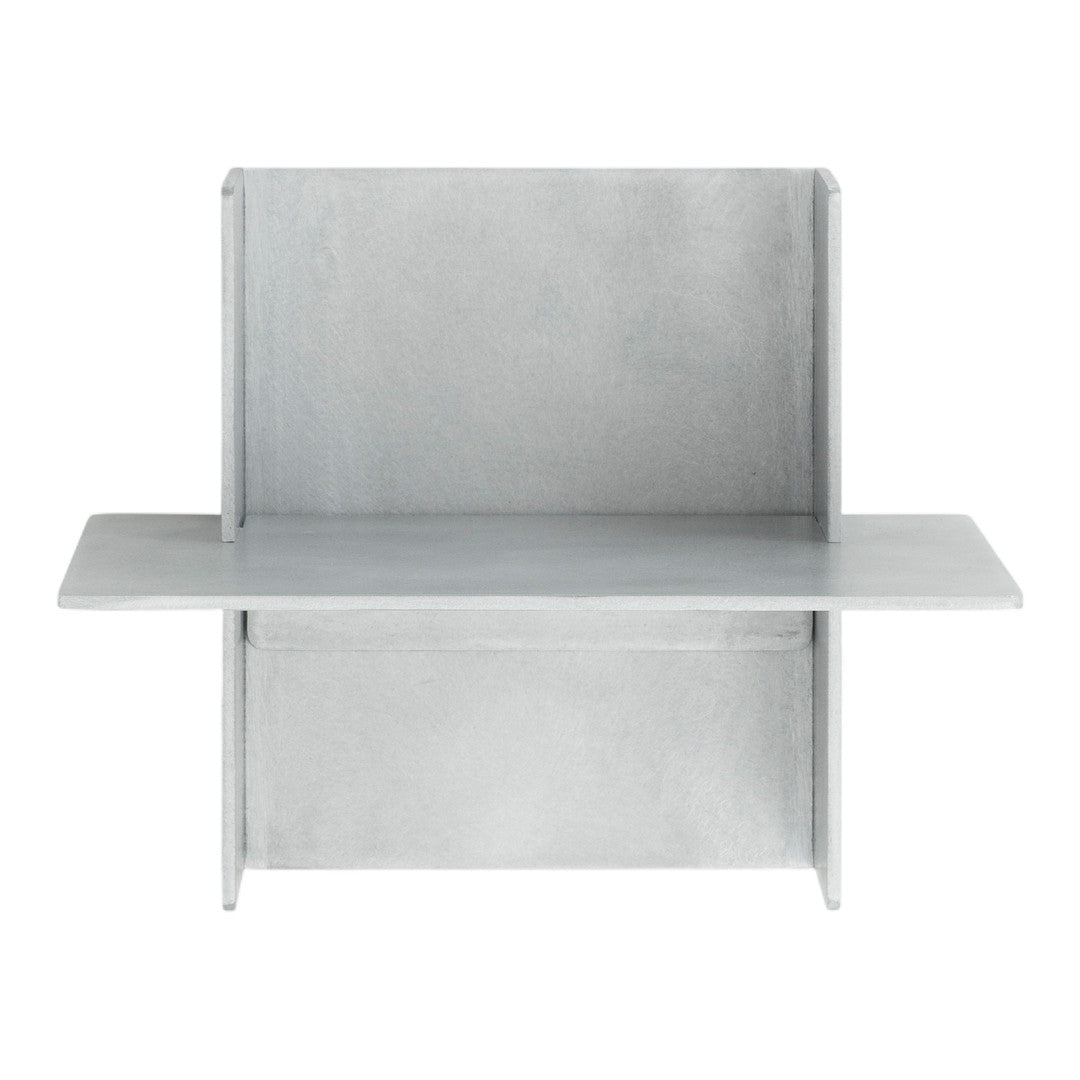 Light gray shelving unit with a smooth, minimalistic design and clean lines, perfect for modern decor.