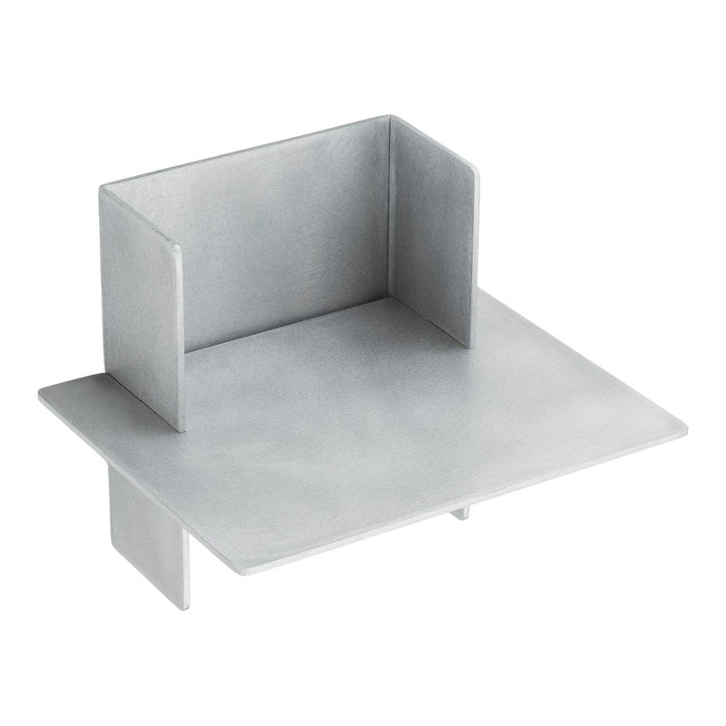 Silver metal bookend with a brushed finish and geometric design.