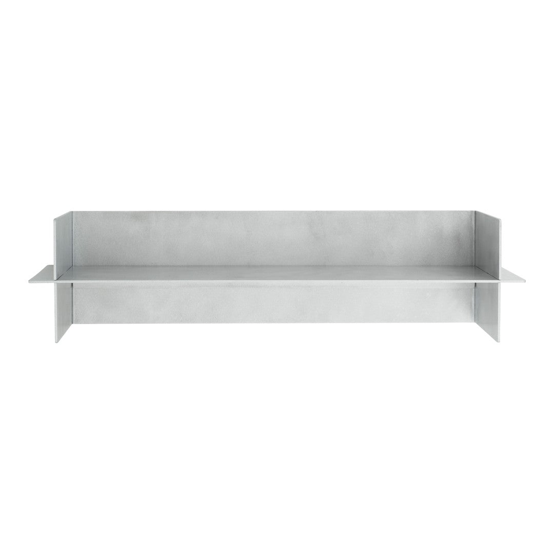 Metal shelving unit in sleek, brushed silver finish with a smooth, modern design. Ideal for contemporary spaces.