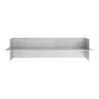 Metal shelving unit in sleek, brushed silver finish with a smooth, modern design. Ideal for contemporary spaces.