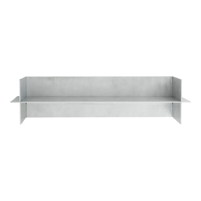 Metal shelving unit in sleek, brushed silver finish with a smooth, modern design. Ideal for contemporary spaces.
