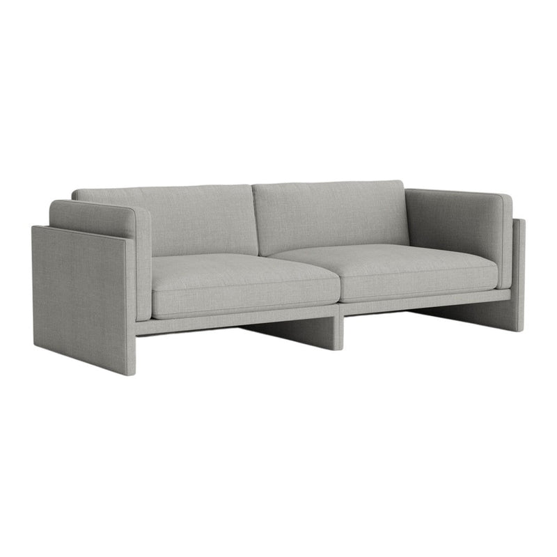 Light gray sofa with a smooth, textured fabric; minimalist design with clean lines and no visible patterns.