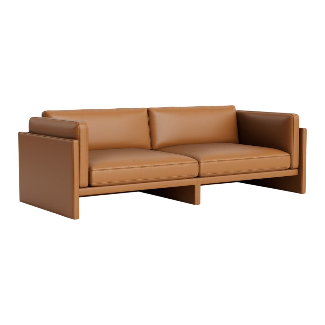 Modern brown leather sofa with smooth, minimalist design and clean lines, perfect for any contemporary living space.