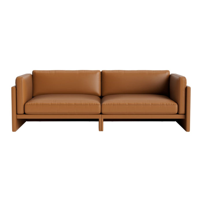 Brown leather sofa with a sleek, modern design and minimalist wooden base. Ideal for contemporary living spaces.