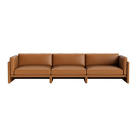 Brown leather sofa with a sleek, modern design and minimalistic lines. Perfect for contemporary interiors.
