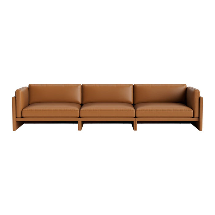 Brown leather sofa with a sleek, modern design and minimalistic lines. Perfect for contemporary interiors.