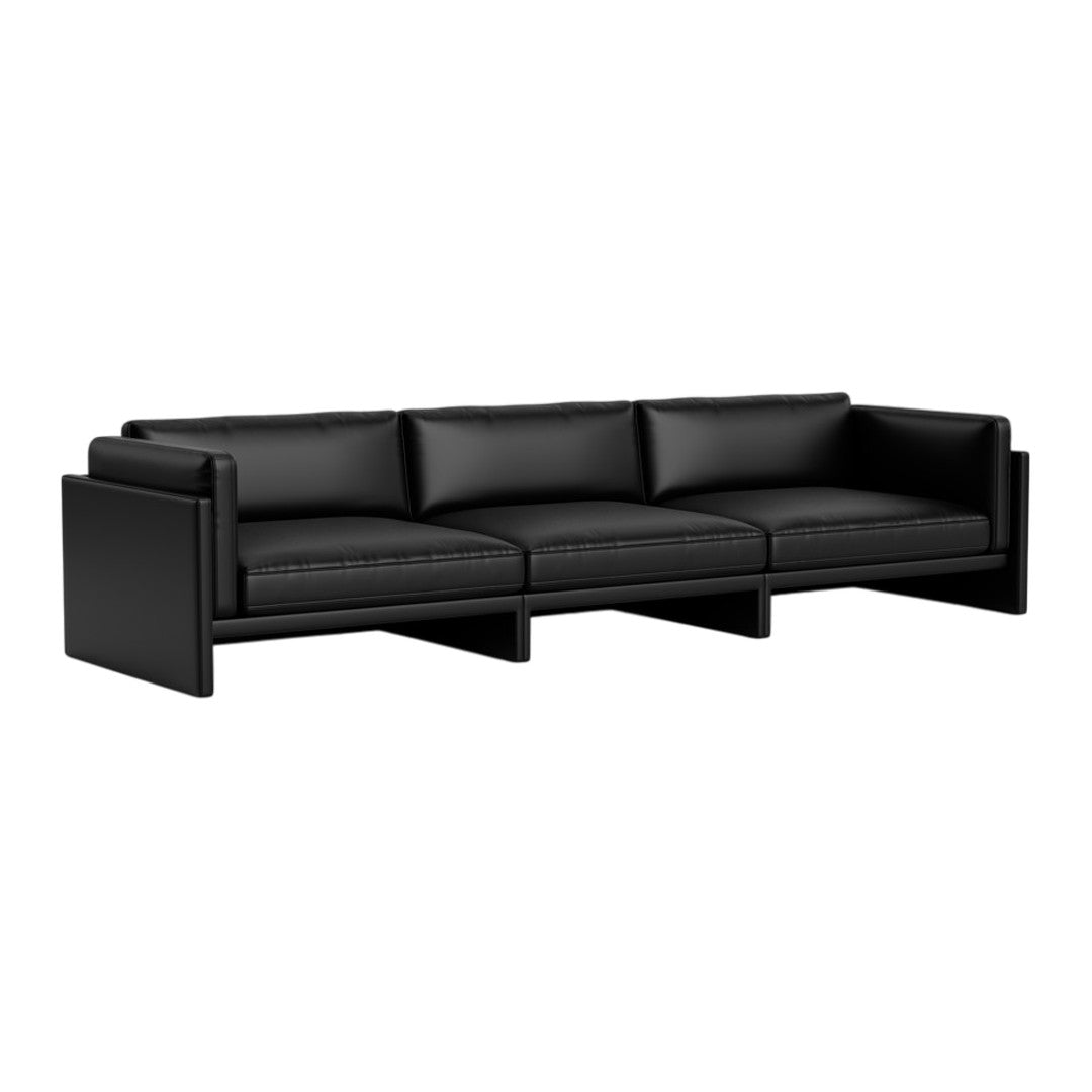 Stylish modern sectional sofa in sleek black leather with a minimalist design and clean lines.