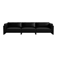 "Stylish black leather sofa with sleek, minimalist design and smooth upholstery, perfect for modern interiors."