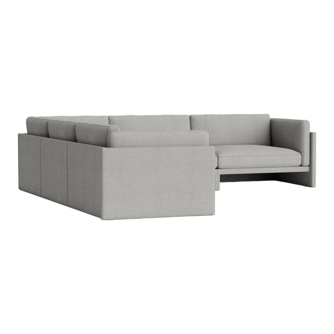 Gray sectional sofa with a modern design, featuring a textured fabric and streamlined, block-style silhouette.