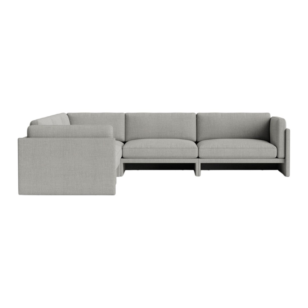 Light gray sectional sofa with a modern design and clean lines, featuring a textured fabric finish.
