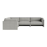 Light gray sectional sofa with a modern design and clean lines, featuring a textured fabric finish.