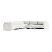 "Modern L-shaped sofa in soft white fabric with clean, minimalistic lines and no visible patterns."