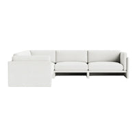 Modern white sectional sofa with a subtle textured pattern and clean lines, perfect for minimalist decor.