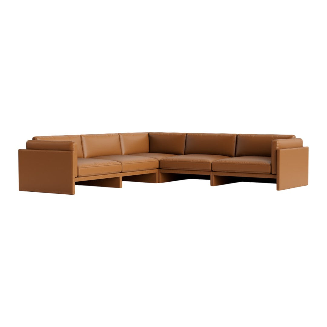 Brown leather sectional sofa with sleek, modern lines and a minimalist design. Perfect for contemporary interiors.