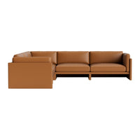 Tan leather sectional sofa with a sleek design and smooth texture, perfect for modern living spaces.