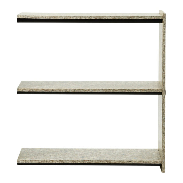 Three-tiered shelf with a textured light gray finish and sleek black accents. Modern design for any space.