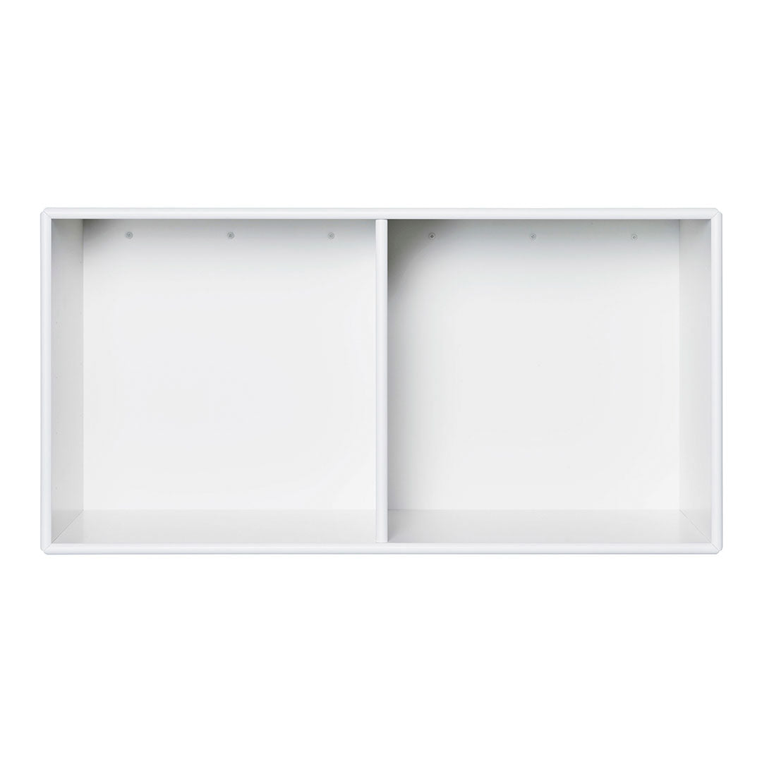 White wooden shelf with a clean, minimalistic design and two open compartments for versatile storage.