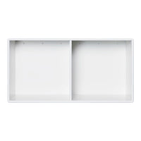 White wooden shelf with a clean, minimalistic design and two open compartments for versatile storage.