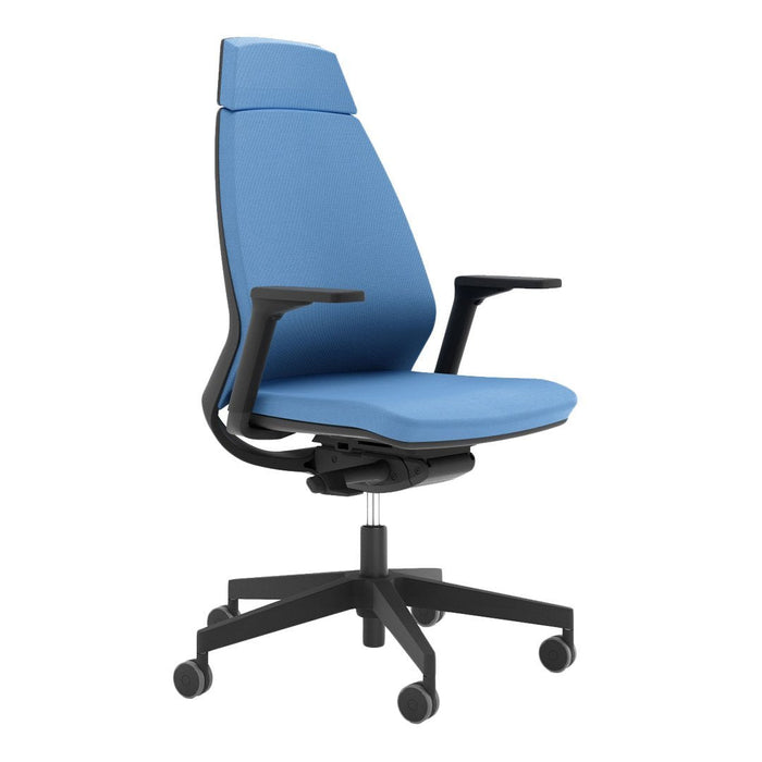 Blue ergonomic office chair with a sleek design and a black base. Smooth contours and minimalist style.