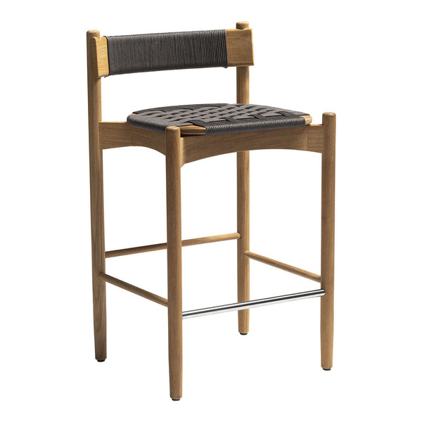 Wooden bar stool with natural oak finish, black woven seat, and striped gray backrest detail. Modern and stylish design.