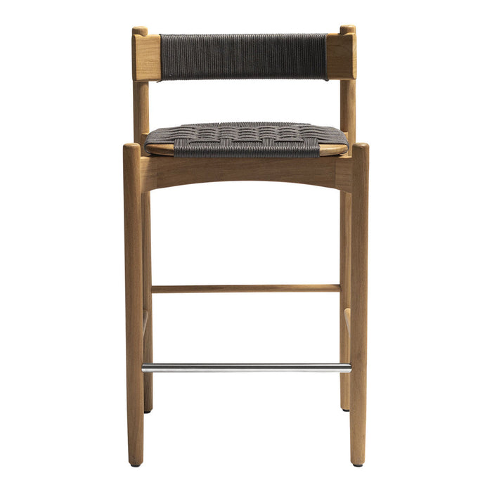 Natural wood bar stool with a gray woven seat and backrest, featuring a textured geometric pattern.