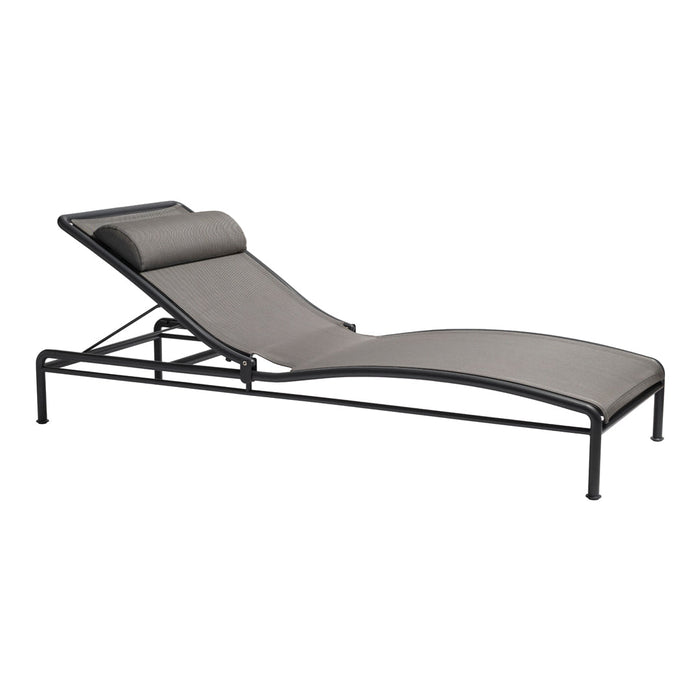 Gray fabric chaise lounge with a sleek black frame and a smooth, minimalist design, perfect for modern outdoor spaces.