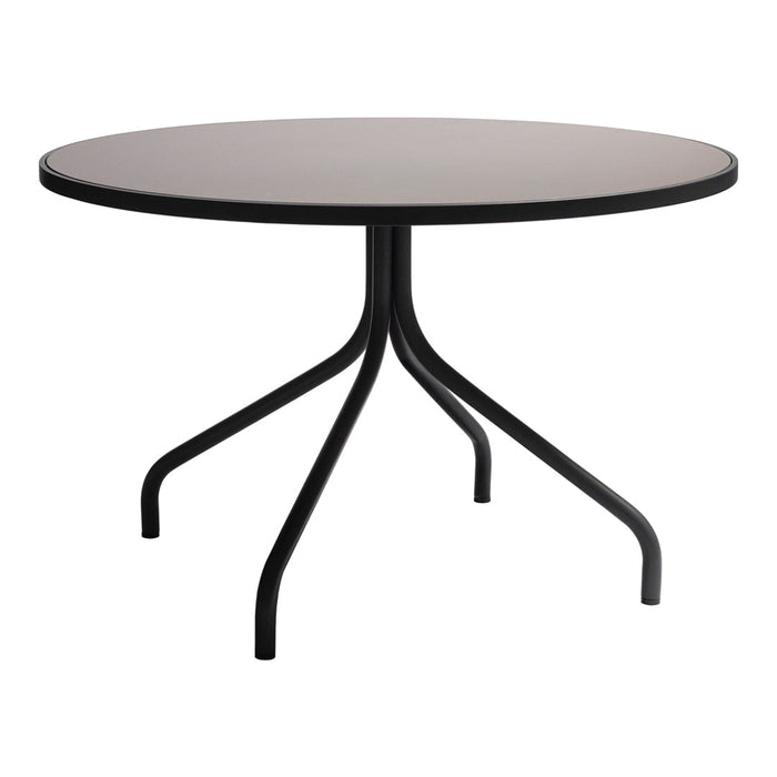 Round tabletop in sleek black with a smooth surface, featuring a minimalist design and stylish black legs.
