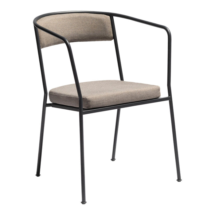 Stylish black metal chair with a soft beige cushioned seat and backrest, featuring a minimalist design.