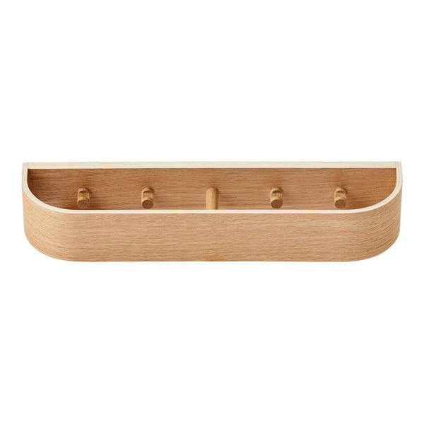 Natural wood wall hook rack with a light oak finish and smooth, rounded edges. Features five wooden pegs for hanging.