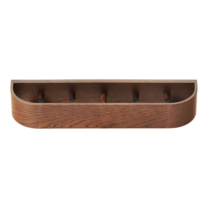Wooden wall-mounted coat rack in rich brown with a smooth finish and five evenly spaced hooks. 