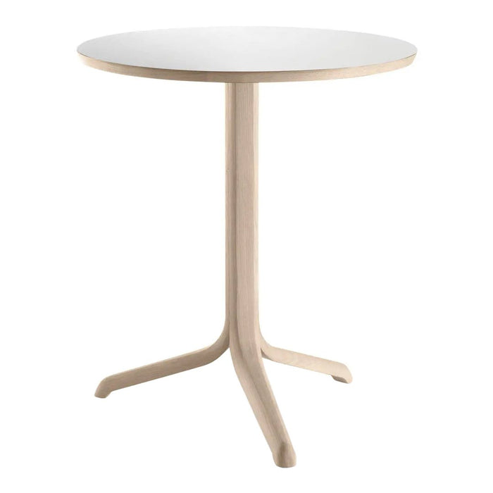 Round table with a smooth white top and light wood base, featuring a minimalist design and natural finish.