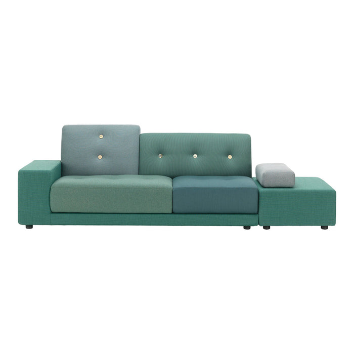 Modern teal and mint green sectional sofa with button accents and smooth fabric for a stylish living space.
