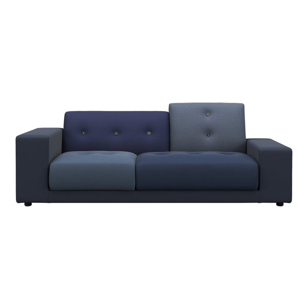 Stylish navy and blue two-tone sofa with buttoned detailing, perfect for modern living spaces.