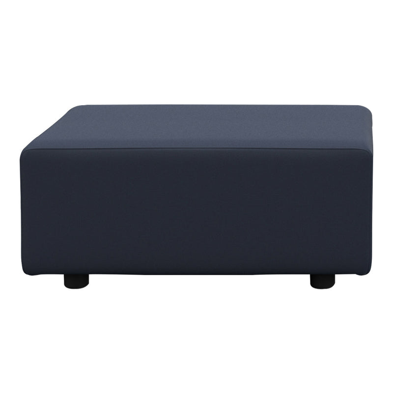 Navy blue ottoman with a sleek, solid design and rounded corners, featuring short, black legs for stability.