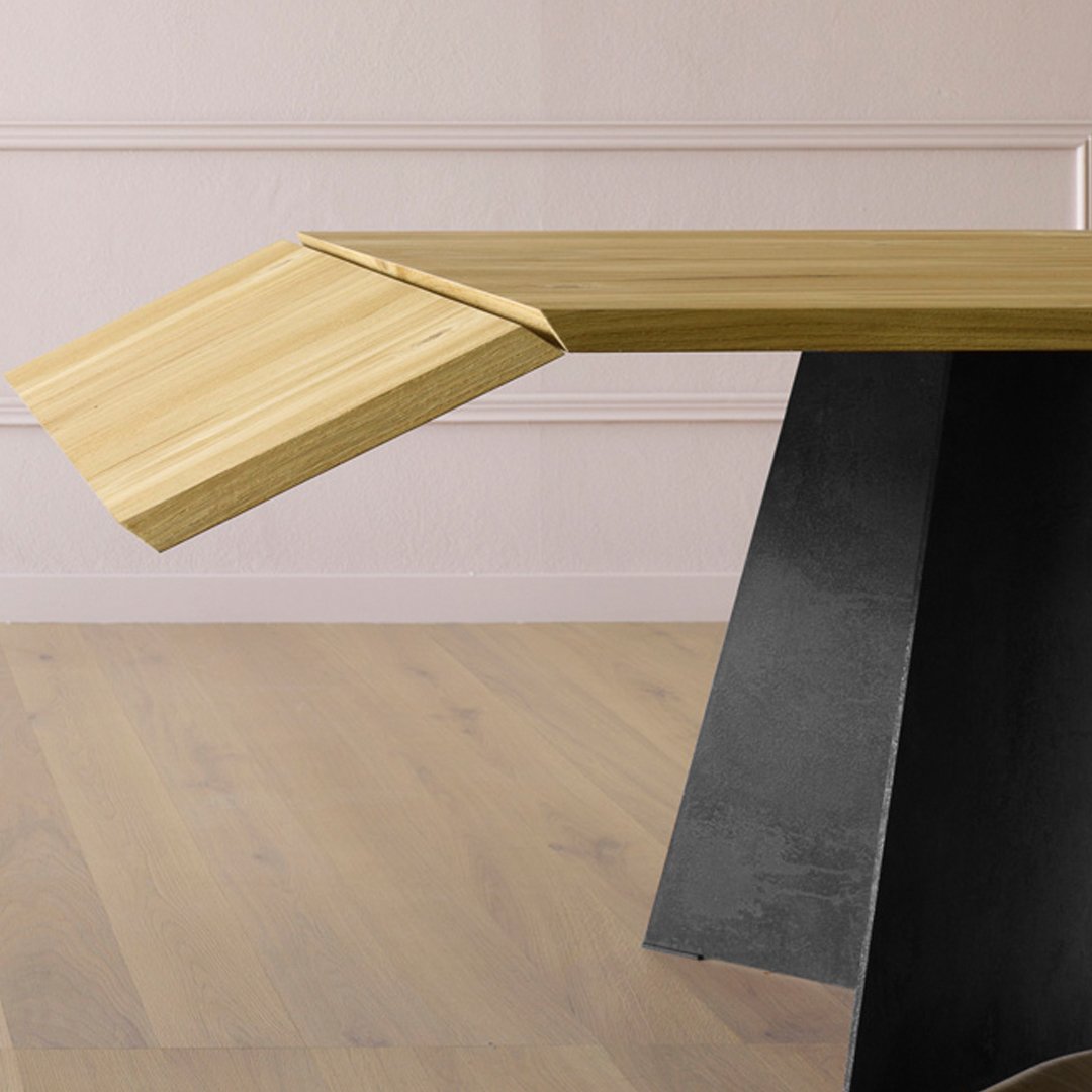 Natural wood finish with light oak color, contrasting black metal base, and sleek geometric design.