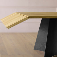 Natural wood finish with light oak color, contrasting black metal base, and sleek geometric design.