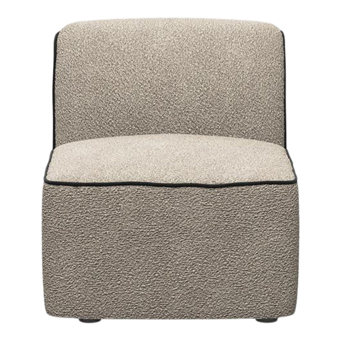 Beige textured chair with a cozy boucle pattern and contrasting dark edging, ideal for modern decor.