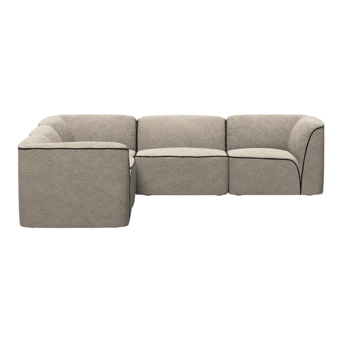 Beige sectional sofa with a textured weave and contrasting black piping. Modern design suitable for various interiors.