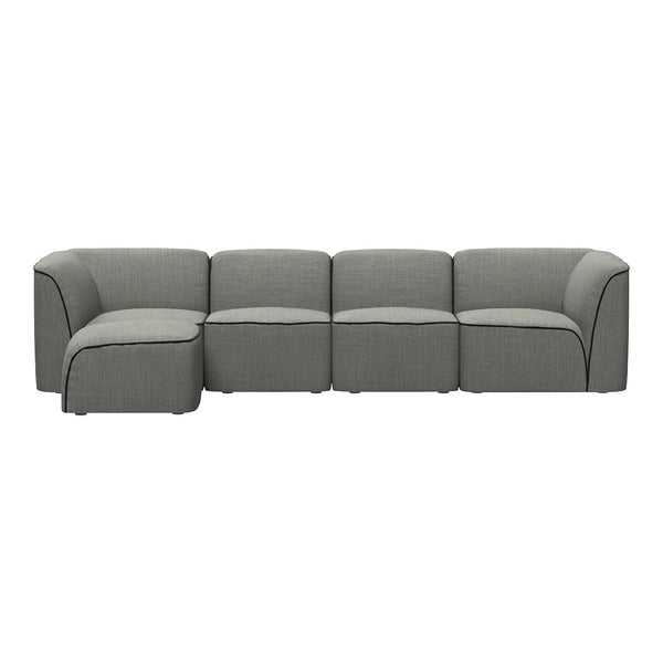 Modern sectional sofa in textured gray fabric with clean lines and contrasting black piping accents.