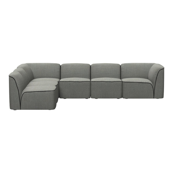 Gray modular sofa with subtle texture and contrasting black piping accents.