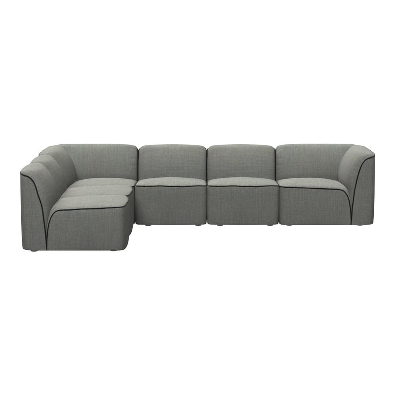 Gray modular sofa with subtle texture and contrasting black piping accents.