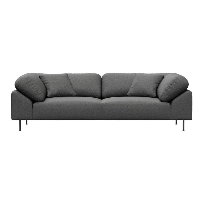 Stylish gray sofa with soft, rounded cushions and modern metal legs. Perfect for contemporary living spaces.