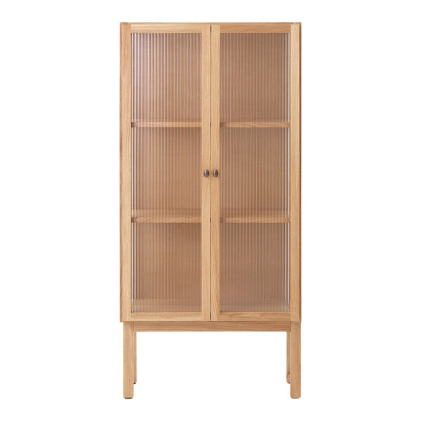 Natural wood cabinet with a light finish and ribbed glass doors, showcasing a minimalist, contemporary design.