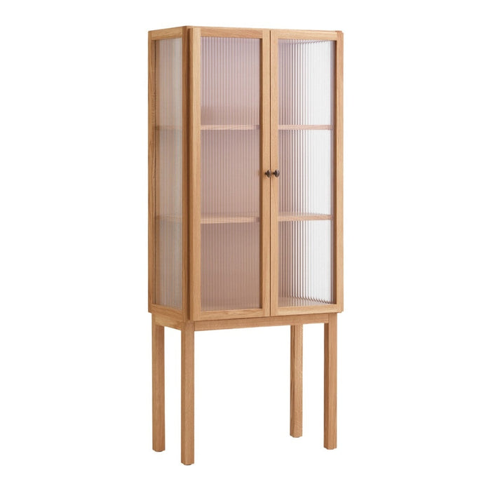 Light wood cabinet with glass doors and simple, modern design, featuring a natural finish and minimalist aesthetic.